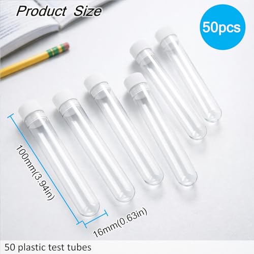 50Packs Clear Plastic Test Tubes with Caps Small Sample Tubes Leak-Proof Containers for Experiments, Party Favors, DIY Crafts, Storage, Candy, Bath Salts, Beads, Seeds 100mm x 16mm