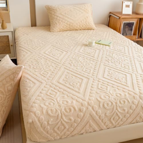 European Damask Embossed Plush Fitted Sheet,King,Off-White,80x78inch - color: Off-white, size: King(80"x78")