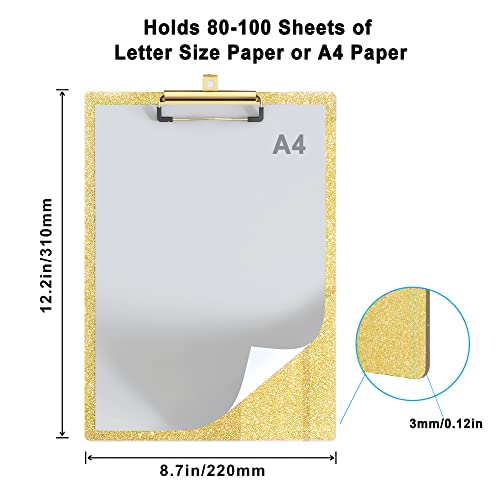 Glitter Acrylic Clipboard Decorative Standard A4 Letter Size 12.2" x 8.7", Fashion Bling Clip Boards with Designed Low Profile Gold Clip for Classroom Office - Gold - color: Gold