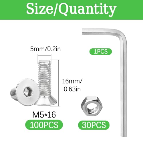 130Pcs M5x16mm Stainless Steel Flat Head Socket Cap Screws, Full Thread Allen Drive Countersunk Bolts, Bright Finish, Ideal for DIY & Home Repair - size: M5x16