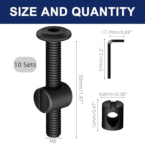 M6 x 50mm Black Flat Head Socket Head Screw Furniture Bolts and Barrel Nuts, with Allen Wrench Perfect for Furniture, 10 Sets - color: Black, size: M6 x 50mm