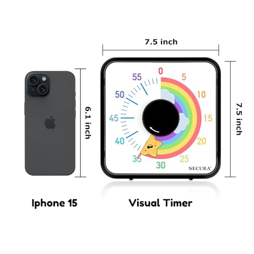 Secura 60-Minute Visual Timer, 7.5 Inch Magnetic Rainbow Countdown Timer for Classroom or Kitchen, Durable Mechanical Timer Clock with Magnetic Backing (Black & Star) - color: Rainbow & Star Black