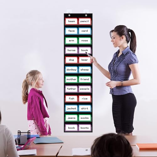ANCOMEDO 10”W x 48.25”H Classroom Words Pocket Chart with 12 Clear Pockets, Black Standard Pocket Chart for Classroom and Home for Sentence Strips, Reusable Words Hanging Pocket Chart (Black) - size: 10Wx48.25H