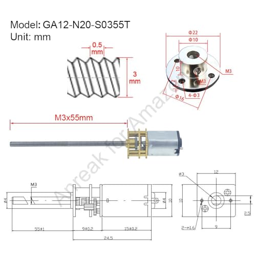 2Pcs DC 12V 300RPM M3 x 55mm 3-12V 20-3000RPM N20 Motor with Gear Reduction for Precision, Threaded Rod Motor for 3D Printers (12-300) - color: M3 x 55mm Thread Shaft, size: 12V 300 RPM Motor Only
