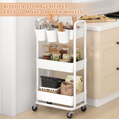 JIUYOTREE 3-Tier Plastic Rolling Storage Cart Utility Cart with Extra Hanging Cups Handles Lockable Wheels for Living Room Bathroom Kitchen Office White - color: White, size: 3-Tier