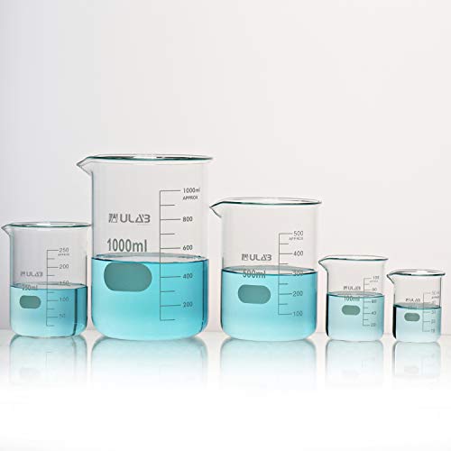 ULAB Scientific Glass Beaker Set with Magnetic Stir Bar Offered, 5 Sizes 50ml 100ml 250ml 500ml 1000ml, 3.3 Boro Griffin Low Form with Printed Graduation, UBG1002 - style: 5 Sizes with Magnetic Stir Bar