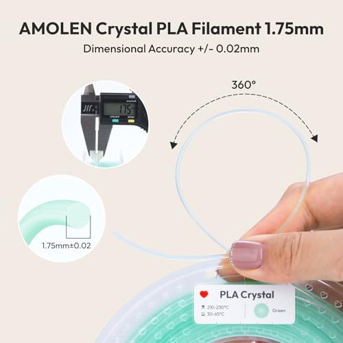 AMOLEN 3D Printer Filament Crystal PLA Translucent Bundle, Transparent PLA 1.75mm, NO-Tangle Low Warping, Dimensional Accuracy+/-0.02 mm, Fits Most FDM 3D Printers, 200gx4 Pack, Green+Pink+Orange+Blue