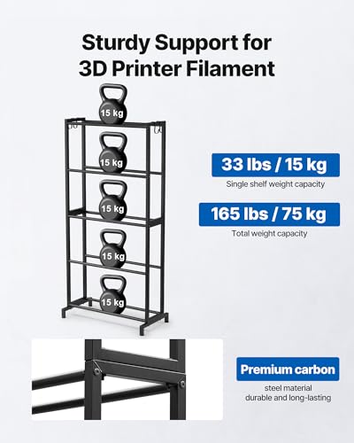 VEVOR 3D Printer Filament Storage Rack, 5 Tier Heavy Duty Storage Shelves for 3D Printing Filaments, Filament Spool Holders Racks for 3D Printing Studio, Home Studio, Office, Workshop (Shelf Only) - size: 5-Tier