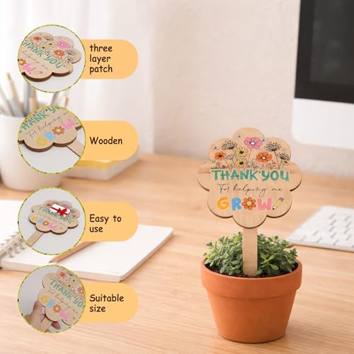 KATINAT Teacher Appreciation Plant Tag with Gift Card Holder, Wooden Thank You for Helping Me Grow Sign, Teacher Gift for Women, Plant Pick for Potted Plants - color: Flower