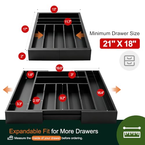 Large Premium Bamboo Silverware Organizer - Expandable Drawer Organizer & Utensil Organizer - 17"x19.7" Cutlery Tray with Dividers for Kitchen Utensils and Flatware (7-9 Slots) (Black) - color: Black, size: 9 Slots Expandable