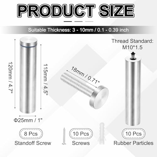 PATIKIL 1x4.7" Standoff Screws, 8 Pack Stainless Steel Stand Off Wall Mounts Wall Sign Mounting Hardware Advertising Standoff Nail for Hanging Acrylic Signs Picture Frame, Silver - size: 1x4.7"