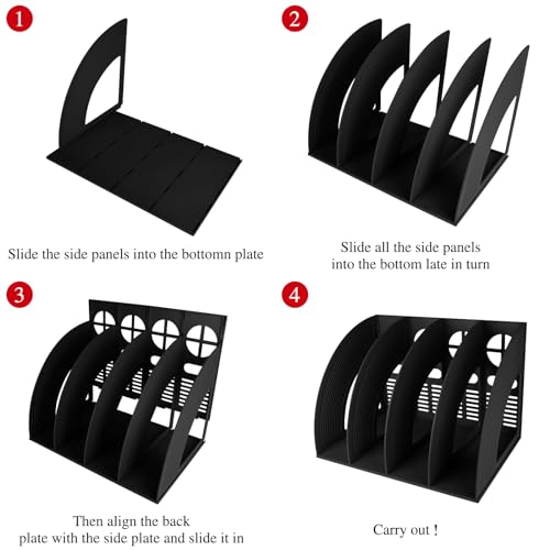 SAYEEC Sturdy Magazine Holder 4 Compartments Plastic Desktop File Organizer File Dividers Office Organizer Storage Document Magaizne Rack Display Box (Black) - color: Black-4 Sections