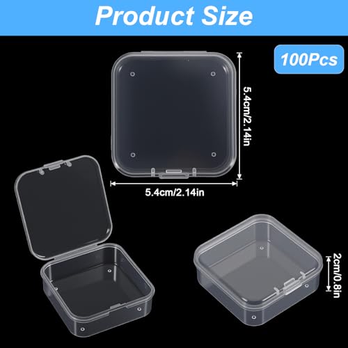 100 Pcs Small Plastic Bead Storage Containers with Lids - Clear Hinged Organizer Boxes for Jewelry, Crafts, Beads, DIY Supplies, Hardware, Pills & Small Parts Organizing (2.14” x 2.14” x 0.8”)