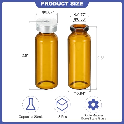 PATIKIL 20ml Sample Vials, 8 Pack Lab Empty Vials with Butyl Rubber Stopper and Crimp Top Caps Borosilicate Glass Vial, Amber - color: Amber, size: 20ml
