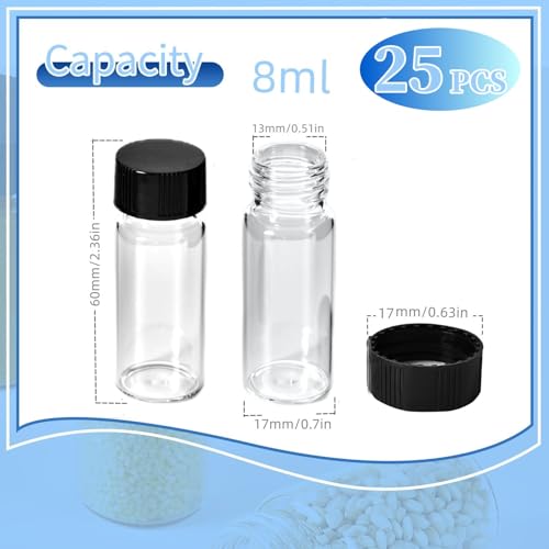 25 PCS 8ML(2 Dram) Clear Sample Vials, Small Liquid Glass Vial,Borosilicate Glass Empty Vials with Caps, 17 * 60mm,15-425 Black Screw Caps with PE Liners - size: 2Dram
