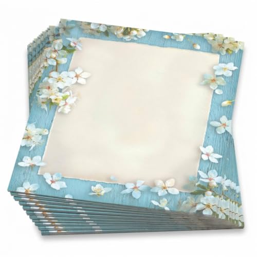 PaperDirect Spring Blossoms Border Paper, Rustic Blue Wood Border with White Flowers and Parchment Center, 8.5 x 11, Acid-Free Stationery for Invitations, Flyers, Cards, 25 Sheets - color: Spring Blossoms