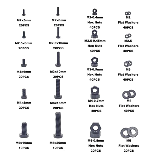 540PCS M2-M5 Black Nylon Phillips Pan Head Screws Nuts Washers Kit - size: M2, M2.5, M3, M4, M5