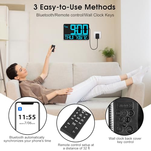 13" Bluetooth Auto Sync Wall Clock - Large Digital Alarm Clock with Remote - style: Blue Numbers