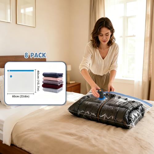 BoxLegend 8 Pack Travel Vacuum Storage Bags with 1400mAh Rechargeable Electric Pump - 23.6"x15.7" Space Saver Compression Bags for Luggage, Suitcase & Closet Organization Airtight Seal for Clothing - size: 8 Small - Electric Pump