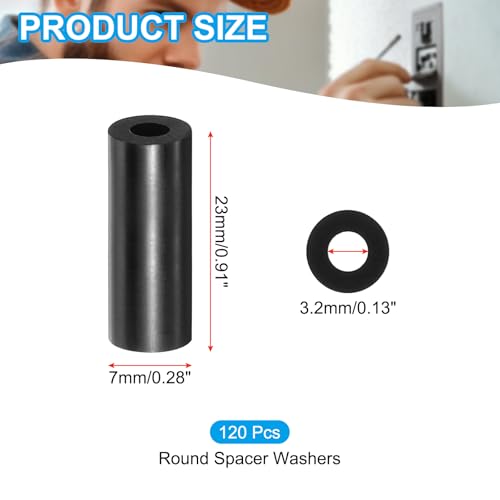 PATIKIL M3 Black ABS ID 3.2mm,OD 7mm,Length 23mm, Nylon Round Spacer Washers, 120Pcs Plastic Standoff Rubber Nut Unthreaded for M3 Screws Electrical Outlet Switch Receptacle - size: 3.2mm x 7mm x 23mm
