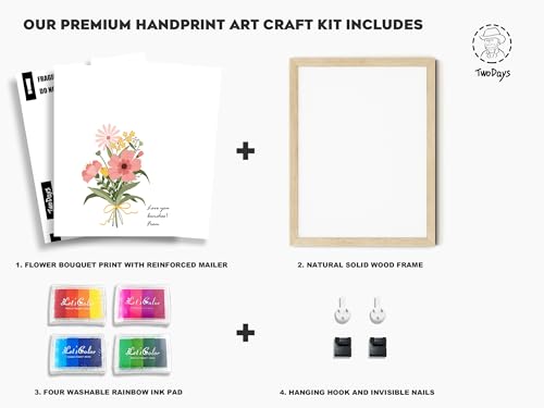 TwoDays Flower Bouquet Handprint Art Craft DIY Kit, Unique Gifts for Mom From Daughter or Son for Mother's Day Birthday Christmas, Gift for Grandma.(12" X 16", With Wood Frame) - color: Natural