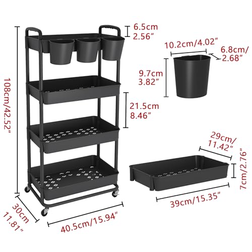 JIUYOTREE 4-Tier Plastic Rolling Storage Cart Utility Cart with Extra Hanging Cups Handles Lockable Wheels for Living Room Bathroom Kitchen Office Black - color: Black, size: 4-Tier