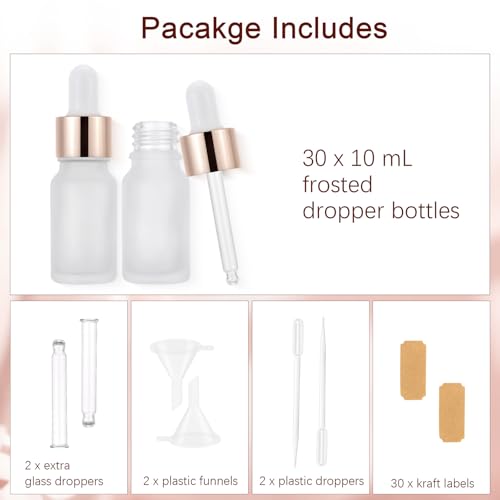 30 Pack 10ml Frosted Glass Dropper Sample Bottles, Rose Golden Caps - color: Frosted, size: 10mL-30pcs