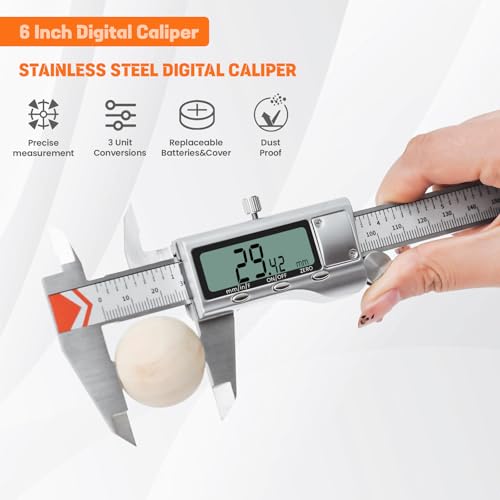HARDELL 6" Digital Caliper, All-Metal Electronic Micrometer with Large LCD, Inch/Metric/Fraction Conversion, Precision Measuring Tool for Household & DIY (2 Batteries Included) - size: 6 Inch
