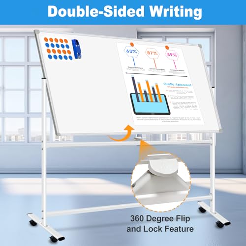 Rolling Whiteboard on Wheels, 60" x 48" Double-Sided White Board with Stand - color: Silver, size: 60"W x 48"H