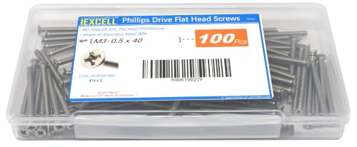 iexcell 100 Pcs M3 x 40mm Thread Pitch 0.5 mm Stainless Steel 304 Phillips Drive Flat Head Countersunk Screws Bolts, Bright Finish - size: M3 x 40mm