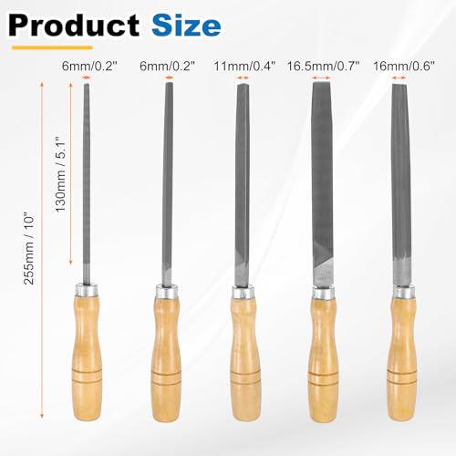 HARFINGTON 5pcs Metal File Set 6" Fine Teeth High Carbon Steel Hand Files with Wooden Handle Square/Flat/Triangle/Half-Round/Round for Metal Wood Stone Grinding Polishing Engraving