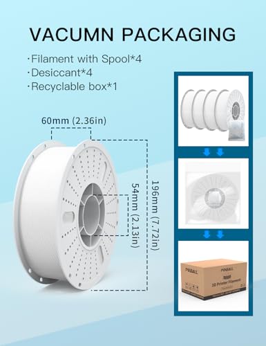 PINBALL PETG 3D Printer Filament 1.75mm High Precision Durable Moisture-Proof Strong Filament Mith Better Flow Dimensional Accuracy +/- 0.02mm Suitable for Most FDM 3D Printers 4 Kilograms White - color: 4white, size: PETG-4kg