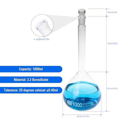 2PCS 1000ML Volumetric Flask, Class A, Glass Stopper for Laboratory - color: Clear Glass, size: 1000ML