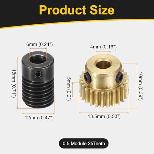 uxcell Worm Gear Set 25T 0.5 Mod 1:25 Brass Gear-4mmOD,1045 Steel Rod 6mmOD - size: Gear-4mm, Rod-6mm Bore, style: 0.5M-25T