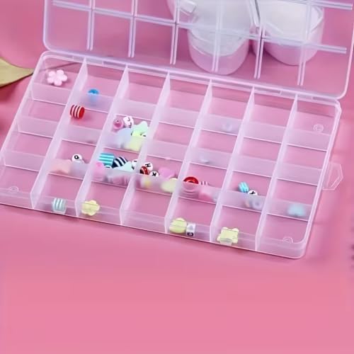 24-Compartment Transparent Plastic Storage Box—suitable for storing jewelry, beads, craft accessories, small parts, earrings, rings, screws, and various small items.