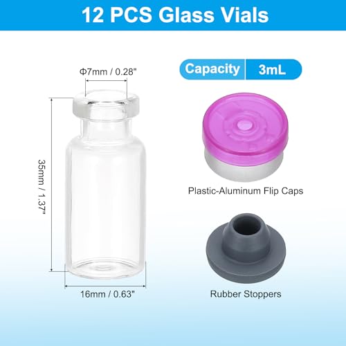 PATIKIL 12pcs 3ml Clear Borosilicate Glass Sample Vials with Aluminum Plastic Cap and Rubber Stopper for Lab Solid Liquid Powder Storage, Purple Silver Tone - color: Clear/Purple Silver Tone, size: 3ml