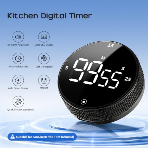 Seniny Digital Kitchen Timer with Magnetic - Visual Timer with Large LED Display, Pomodoro Classroom Timers with 3-Preset Times, Volume Adjustable, Countdown & Count Up Timers for Cooking - color: Black