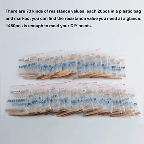 1460Pcs 1/4W 73 Values 1% Precision Metal Film Electronic Resistor Assortment Kit Set 1ohm-1Mohm for Arduino