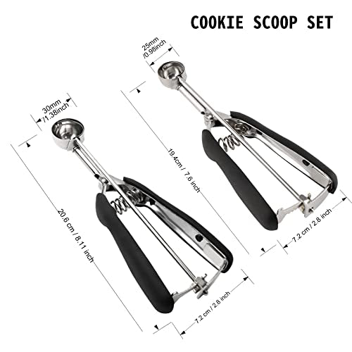 Small Cookie Scoop Set - 2 PCS Include 1 tsp / 2 tsp Cookie Dough Scoop, Cookies Scoops for Baking, Made of 18/8 Stainless Steel, Good Soft Grips, Quick Trigger Release - size: 25 & 30 mm / Set of 2