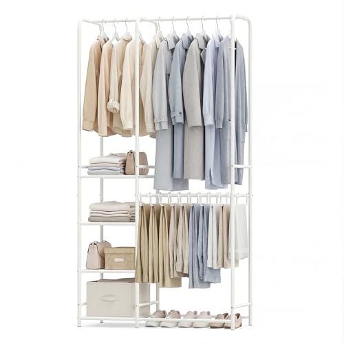 GIANTEX Clothes Rack with Pants Hangers, Heavy-Duty Metal Clothing Rack with 2 Hanging Rods & 4 Storage Shelves, Freestanding Garment Racks, Closet Organizer for Bedroom, Cloakroom (White) - color: White