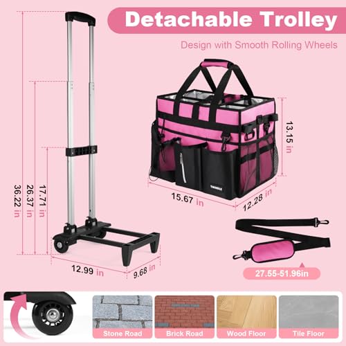 Cleaning Caddy with Wheels, Rolling Cleaning Supplies Organizer with Bottom Board, Dividers & Shoulder Strap, Portable Utility Tote with Small Trolley, Rose Pink - color: Pink Rolling, size: Large
