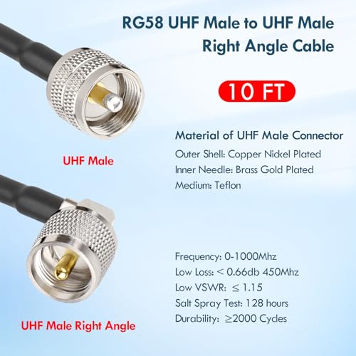 MOOKEERF CB Coax Cable - 10FT RG58 UHF PL-259 Male to Male Right Angle Coaxial Cable Low Loss Cb Antenna Cable Jumper Cable for CB Radio, HAM Radio, Antenna Analyzer, SWR Meter - size: 10FT