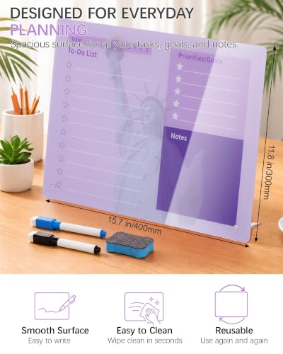 LeMotech Desktop Acrylic Dry Erase Board, 15.7x11.8 inches to-Do List Planner, Tabletop Whiteboard with Stand Office Supplies Includes 2 Markers & 1 Eraser, Purple Statue of Liberty Pattern, 1 Pack - color: Purple, size: 15.7"W x 11.8"H (1 Pack)