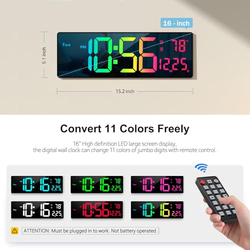 Digital Wall Clock Large Display 16", Digital Clock with 11 RGB Colors Changing Remote Control, LED Clocks with Night Lights for Living Room Bedroom Office Classroom Decor, Auto DST (Multicolor)
