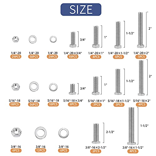 265PCS Nuts and Bolts 1/4"-20, 5/16"-18, 3/8"-16 Carbon Steel Hex Nuts and Bolts Assortment Kit, Hardware Screws Assortment Kit (3 Types, 4 Different Sizes-3/4”, 1”, 1-1/2”, 2”) - size: 1/4-20, 3/8-16, 5/16-18 (265 Pcs)