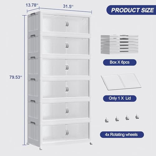 960QT Extra Large Stackable Storage Bins with Lid, 240Gal Plastic Closet Organizers and Storage Drawer, Collapsible Cabinet Box with Wheels Clear Doors for Home Kitchen Garage, 6Pack White - color: White, size: 160QT-6Pack