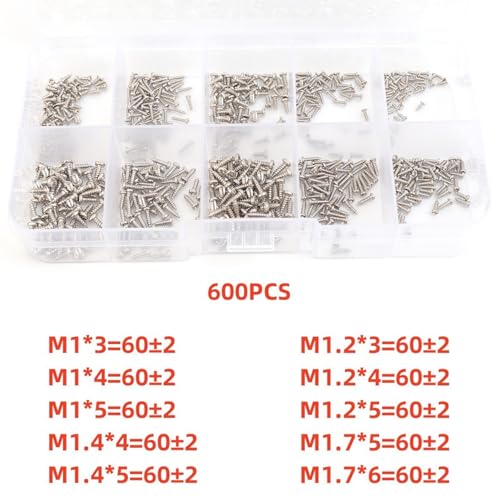 600PCS/ Box M1-M1.7 Miniature Self-Tapping Screws Set Crosshead Carbon Steel Screw Kit DIY Home Furniture Fasteners Sets - color: Silver 600pcs