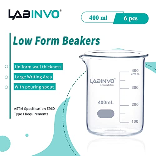 Low Form Graduated Glass Beaker, 6pcs of Vol.400ml, 3.3 Borosilicate Glass Beaker Set,IN-BKL400 - size: 6 PCS of 400 mL