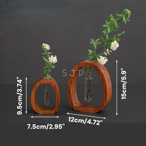 Walnut Wood Glass Flower Vase with Test Tubes | Modern Hydroponic Planter for Fresh Cut Flowers | Handcrafted Tabletop Decor for Home, Office, Farmhouse Style (Small) - size: Small