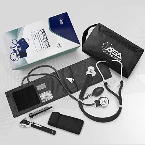 ASA TECHMED Nurse Essentials Professional Kit with Handheld Travel Case | 3 Part Kit Includes Adult Aneroid Sphygmomanometer Blood Pressure Monitor, Stethoscope, Diagnostic Otoscope (Black) - color: Black